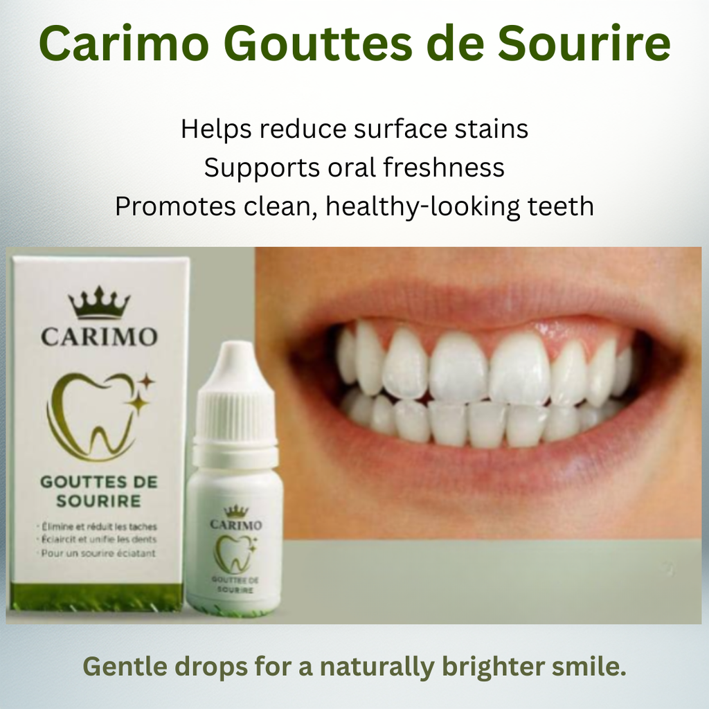 Carimo Gouttes de Sourire – gentle herbal drops that help reduce stains and support a healthy, fresh smile.