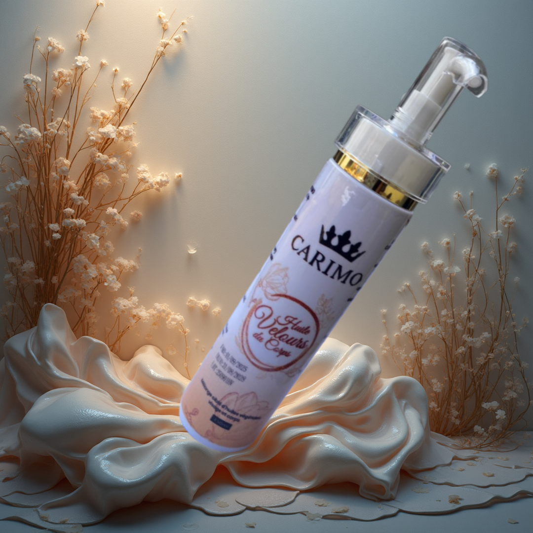 Carimo Hypermoisturizer Cream bottle displayed on a soft floral background, highlighting its ultra-hydrating formula for smooth, glowing, deeply moisturized skin.