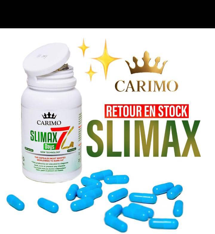 Carimo Slimax herbal supplement bottle with blue capsules on a white background.