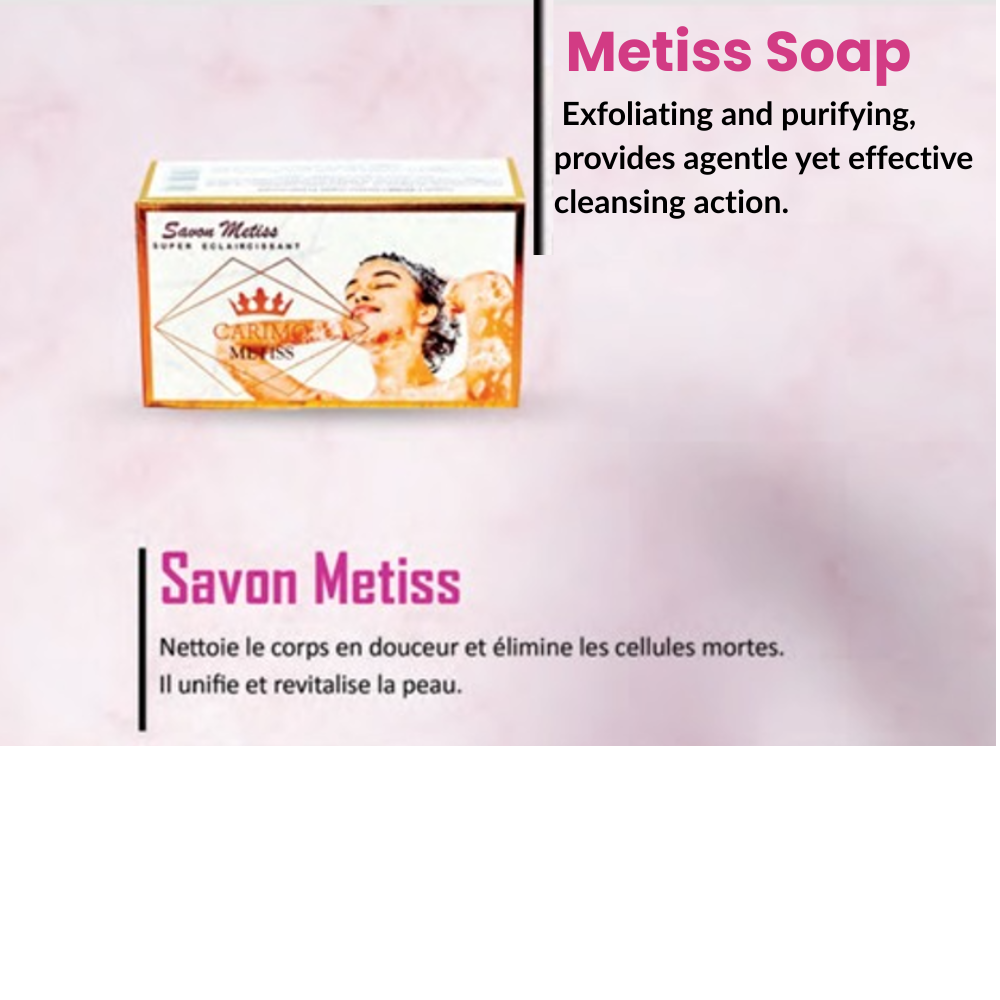 Metiss Soap packaging with text on a pink background