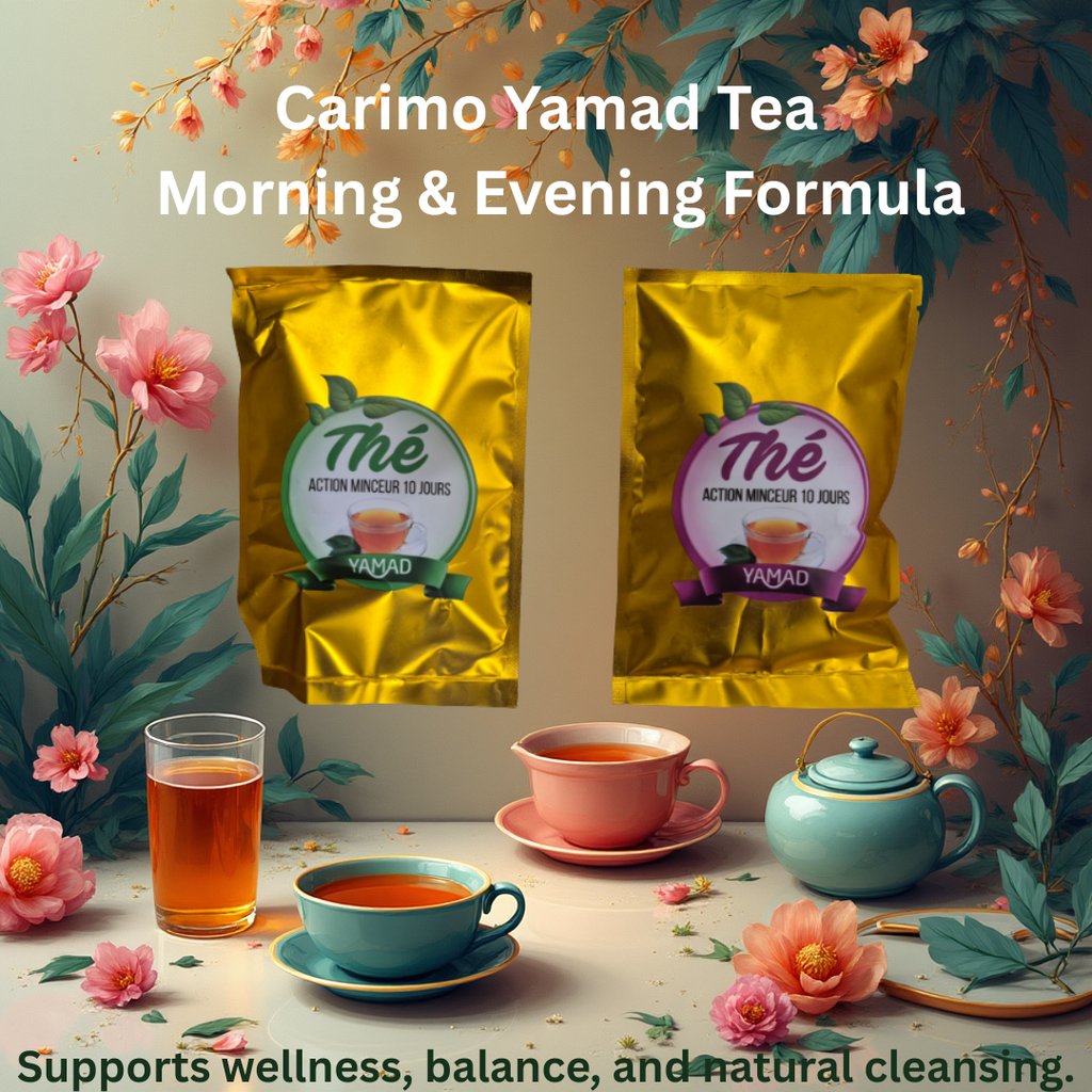 Carimo Yamad Detox Tea morning and evening blends displayed with herbal background for natural wellness