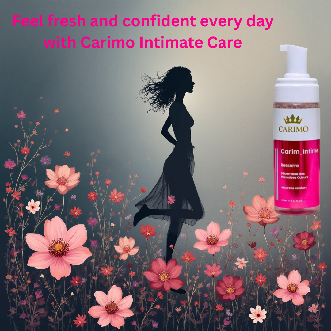 Carimo Intimate Care feminine wash bottle with text describing freshness and odor control for daily comfort.