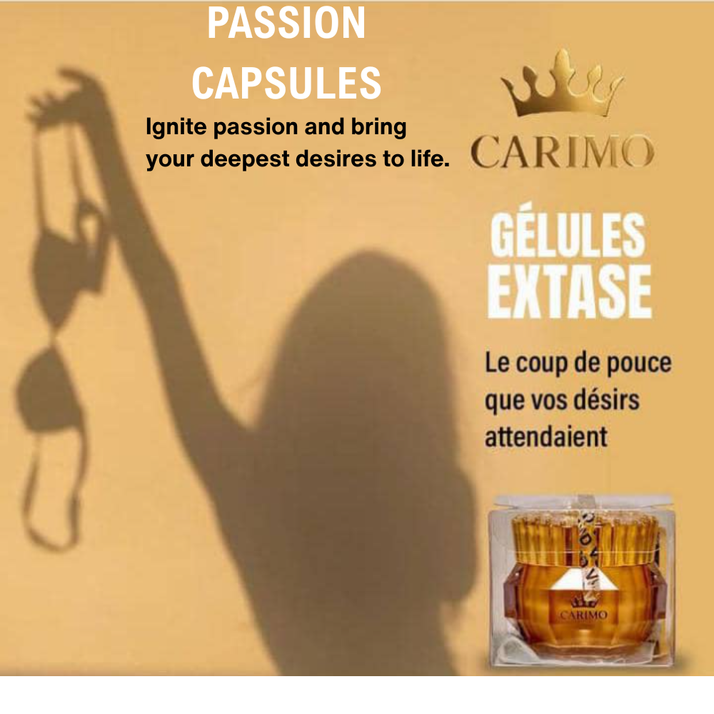 Advertisement for Carimo Passion Capsules with a shadow of a person holding a box.