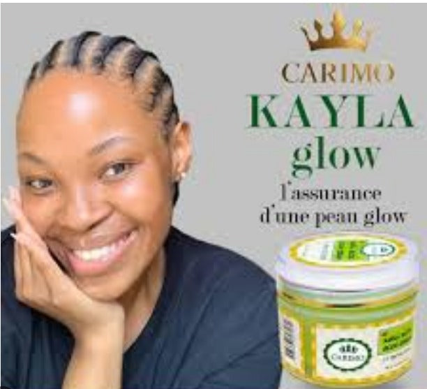 Woman with a jar of 'Carimo Kayla Glow' product on a gray background