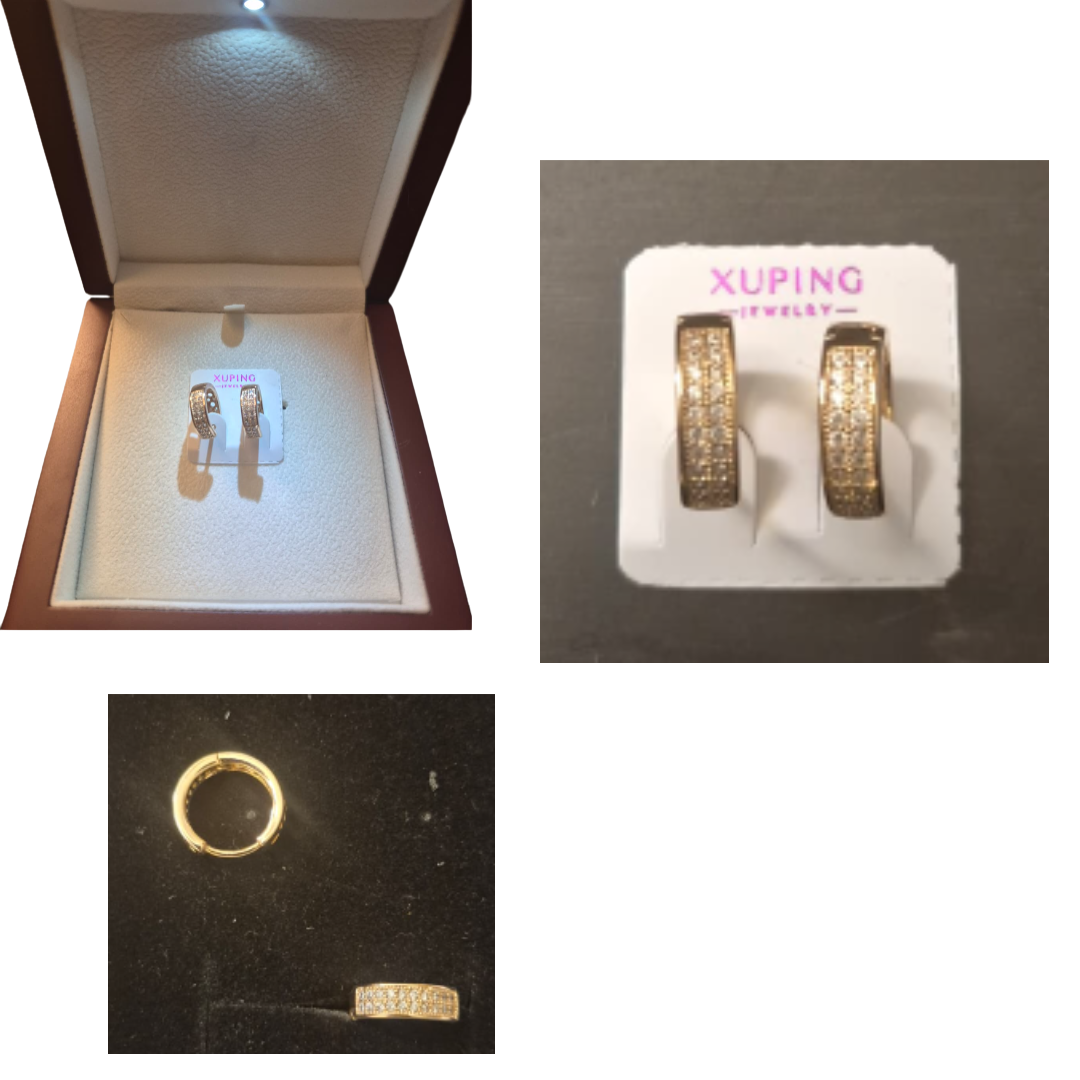 Gold-tone crystal pavé hoop earrings by XUPING Jewelry, displayed in a premium gift box and close-up view showing elegant sparkle and secure hoop design.
